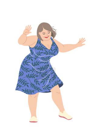 Feliz baile más mujer tamaño aislado sobre fondo blanco. Dama regordeta con un vestido azul. Concepto de positividad corporal. Ilustración vectorial simple en estilo plano de dibujos animados.