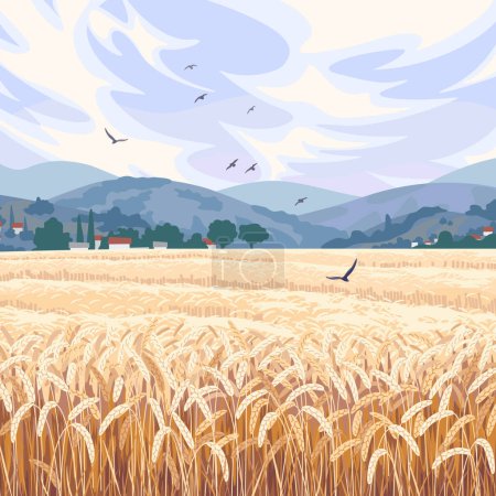 Téléchargez les illustrations : Scène rurale avec champ de blé mûr, collines, nuages et oiseaux volants dans le ciel. Calme paysage de campagne d'été. Illustration vectorielle simple. - en licence libre de droit