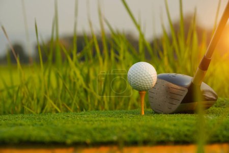 Kije golfowe i piłeczki golfowe na zielonym trawniku w pięknym polu golfowym z porannym słońcem.                                 
