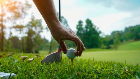 Téléchargez les photos : Main tenir la balle de golf avec tee sur le terrain, fond du terrain de golf. Un golfeur montrant balle de golf blanche dans la main de gant tenant, herbe verte nature flou fond lumière du soleil. - en image libre de droit