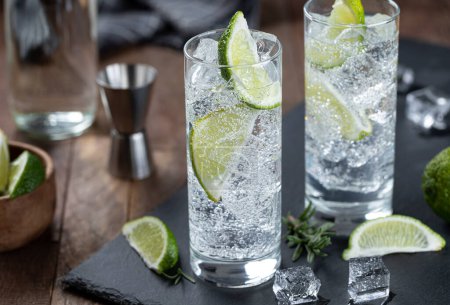 Photo for Gin and tonic cocktail with lime slices, and ice in a tall glass on a black slate board - Royalty Free Image