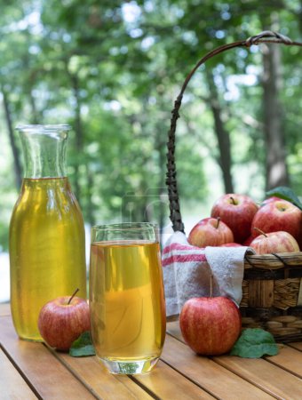 Téléchargez les photos : Jus de pomme en verre et carafe aux pommes rouges fraîches à l'extérieur sur table de patio en bois et fond nature - en image libre de droit