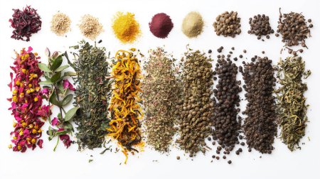 Neat rows of assorted dried herbs and spices on a white background, aromatic and colorful illustration by generative ai