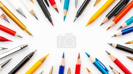 Téléchargez les photos : Des stylos et crayons assortis rayonnent vers l'extérieur sur un fond blanc illustré par un motif génératif. - en image libre de droit