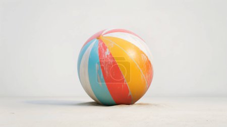 Oversized beach ball with bright stripes on sandy ground against a white background illustration by generative ai