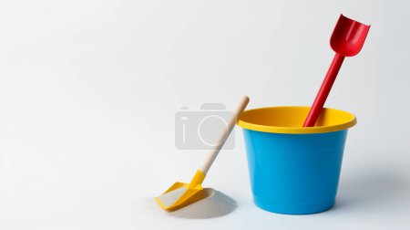 Blue bucket with yellow rim and red shovel on sand, symbolizing playtime illustration by generative ai