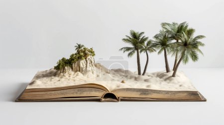Open book with a 3D pop-up tropical island and palm trees illustration by generative ai