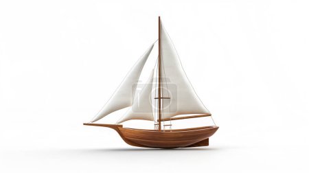 Wooden model sailboat with white sails on a plain background  illustration by generative ai