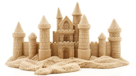 Téléchargez les photos : Château de sable finement détaillé avec une illustration en toile de fond blanche par generative ai - en image libre de droit