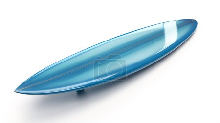 Ein schlankes, blaues Surfbrett steht aufrecht auf weißem Hintergrund.