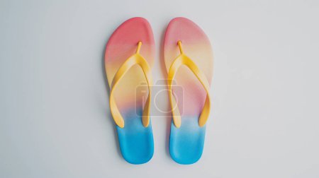 Gradient colored flip-flops aligned on a white surface illustration by generative ai