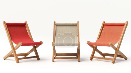 Foto de Tres sillas de lona con ilustración de tela roja, beige y naranja de ai generativa - Imagen libre de derechos