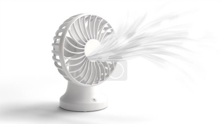 White desk fan with motion-blurred blades on a bright background 