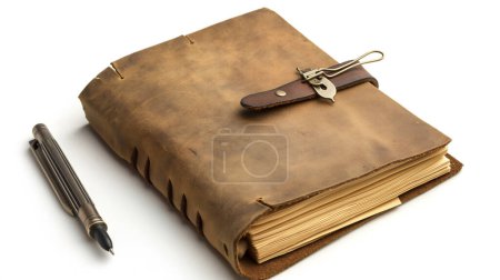 An antique leather journal with a clasp and a tactical pen beside it 