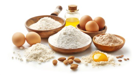 Baking ingredients displayed: flour, eggs, almonds, oil, wheat germ on white 
