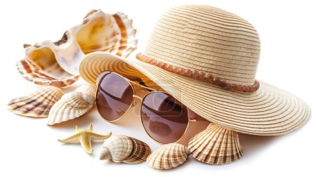 Summer vacation concept: hat, sunglasses, seashells on white 