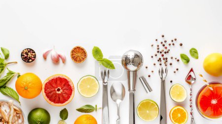 A colorful array of cocktail ingredients and tools neatly arranged on a white surface 