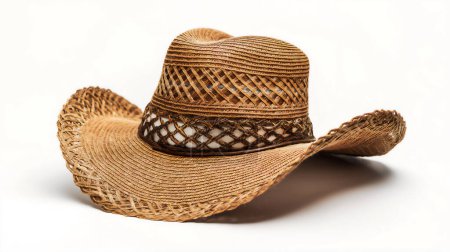 Woven straw cowboy hat with a distinctive openwork pattern and curved brim on a white background. illustration by generative ai