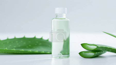 Clear bottle of aloe vera gel with fresh aloe leaves on white background. illustration by generative ai