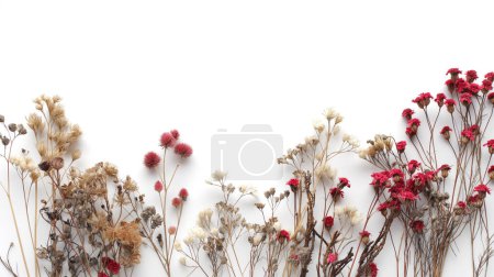 Dried flowers of various kinds arranged horizontally on a white background  illustration by generative ai