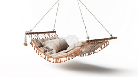 A cozy hammock with a warm blanket, suspended by white ropes on a white background  illustration by generative ai