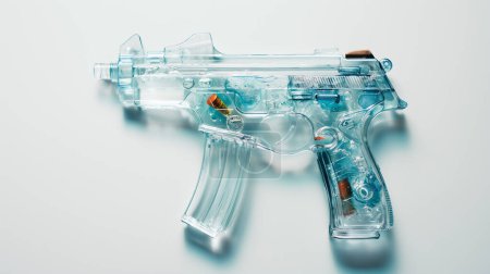Eine transparente Wasserpistole mit sichtbarer Innenmechanik auf weißem Hintergrund. Illustration von generative ai