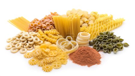 Variety of uncooked pasta and a heap of paprika powder on white. illustration by generative ai