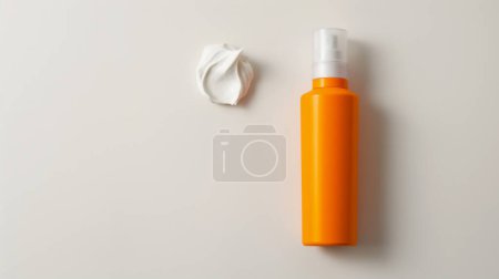 Sunscreen spray bottle with a dollop of cream on a beige background. illustration by generative ai