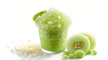 Aguanieve verde en una taza con perlas de tapioca, junto a las bolas de melón y melón en rodajas.