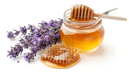 Photo for Honey in a jar with dipper and honeycomb, accompanied by lavender sprigs. illustration by generative ai - Royalty Free Image