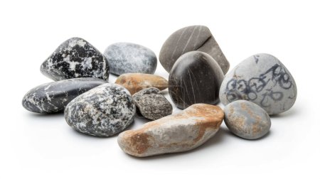 Collection of various pebbles with different patterns and textures, isolated on white. illustration by generative ai