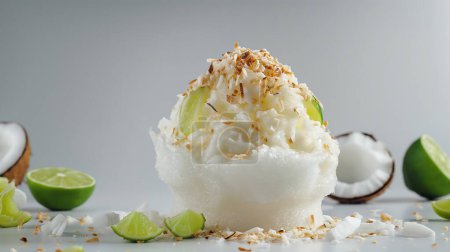 Coconut shaved ice with lime and toasted coconut flakes. illustration by generative ai