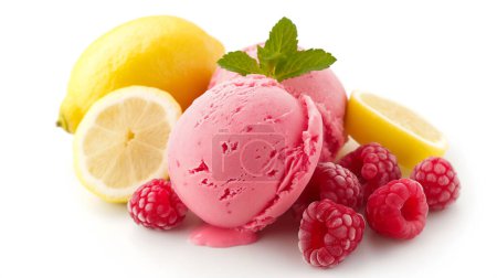Scoop of raspberry sorbet with fresh lemons and raspberries, garnished with mint. illustration by generative ai