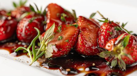 Strawberries with balsamic glaze and chopped herbs on a white plate. illustration by generative ai