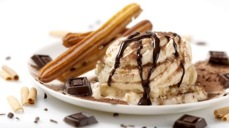 Vanilla ice cream drizzled with chocolate sauce, churros, and chocolate pieces on a white plate. illustration by generative ai