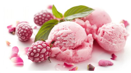 Scoops of raspberry sorbet with whole berries and scattered petals on a white surface. illustration by generative ai