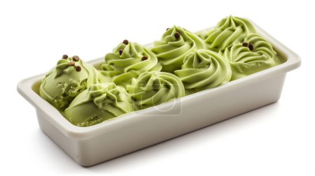 Photo for Swirled matcha ice cream garnished with chocolate chips in a white container. illustration by generative ai - Royalty Free Image