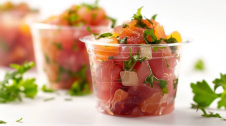 Cubed tuna tartare with fresh herbs in a clear plastic cup. illustration by generative ai