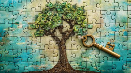 Téléchargez les photos : Un puzzle avec une conception d'arbre d'argent et une clé reposant sur le dessus, symbolisant la solution ou le succès. illustration par generative ai - en image libre de droit