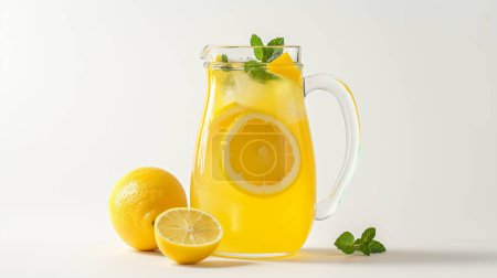 Jarra de limonada con rodajas de limón y menta sobre fondo blanco, con limones enteros y cortados a la mitad.