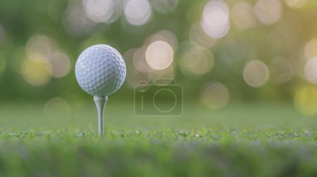 Golf ball on tee in lush grass field with a soft-focus, bokeh green background.