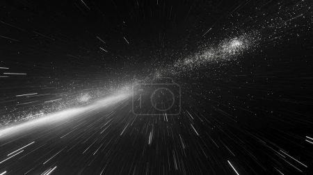Monochromes Bild eines Sternenfeldes mit Bewegungsunschärfe, das Hyperraum oder Warpgeschwindigkeit simuliert.