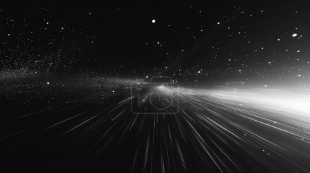 Black and white depiction of space with stars and light particles rushing towards a bright center.