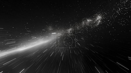 Streaking white lights and particles give the illusion of hyperspace or a starfield moving at light speed. illustration by generative ai