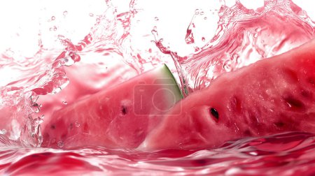 Wassermelonenscheiben, die ins Wasser spritzen, erzeugen dynamische Tröpfchen und Wellen. Illustration von generative ai