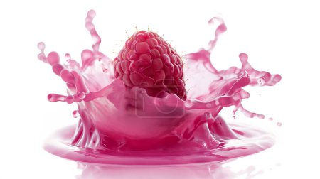 Frambuesa cayendo en líquido rosa creando una salpicadura aislada en blanco. ilustración por generative ai
