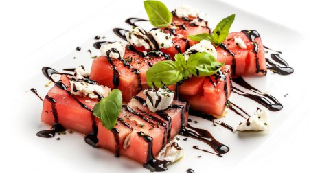 Wassermelonen-Feta-Käsesalat mit Balsamico-Glasur und frischem Basilikum auf einem Teller. Illustration von generative ai
