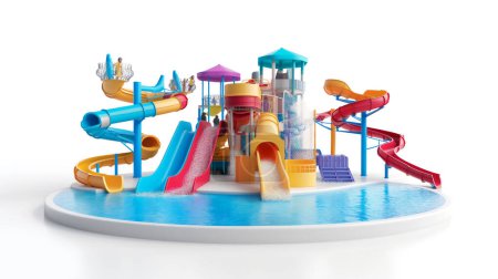 Foto de Colorido parque acuático estructura de juego con toboganes y piscinas, aislado en blanco. ilustración por generative ai - Imagen libre de derechos