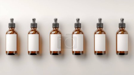 Row of amber glass dropper bottles with blank labels on a light background.