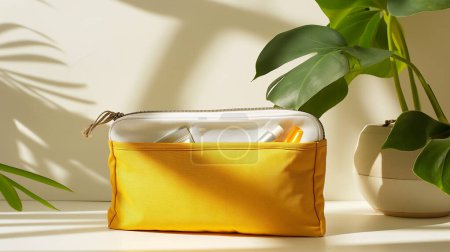 Yellow cosmetic bag with skincare products, plant shadows in sunlight.